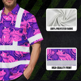 Hi Vis Hawaiian Shirt Reflective Tapes Pink And Violet Neon Frog Custom Name Safety Workwear For Workers, Truckers, Operators