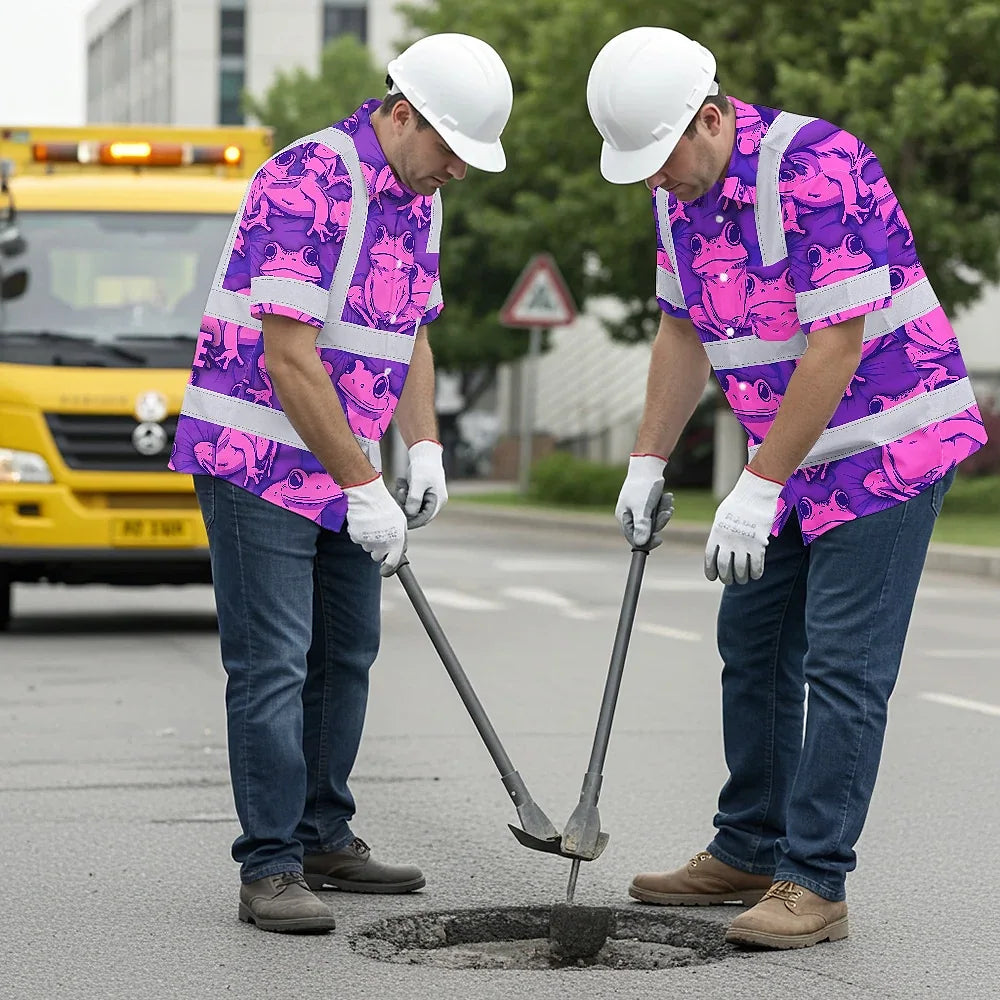 Hi Vis Hawaiian Shirt Reflective Tapes Pink And Violet Neon Frog Custom Name Safety Workwear For Workers, Truckers, Operators