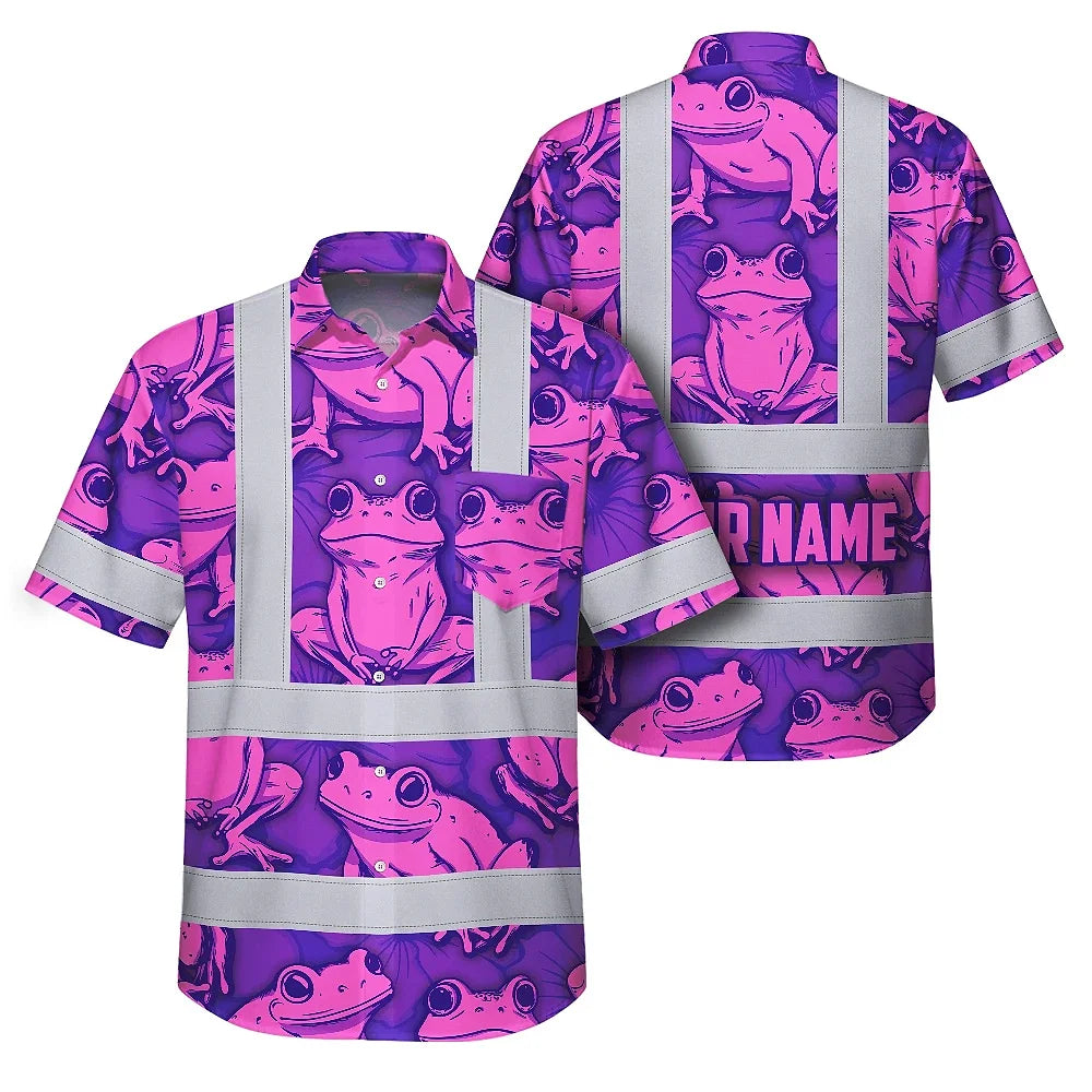 Hi Vis Hawaiian Shirt Reflective Tapes Pink And Violet Neon Frog Custom Name Safety Workwear For Workers, Truckers, Operators