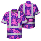 Hi Vis Hawaiian Shirt Reflective Tapes Pink And Violet Neon Frog Custom Name Safety Workwear For Workers, Truckers, Operators