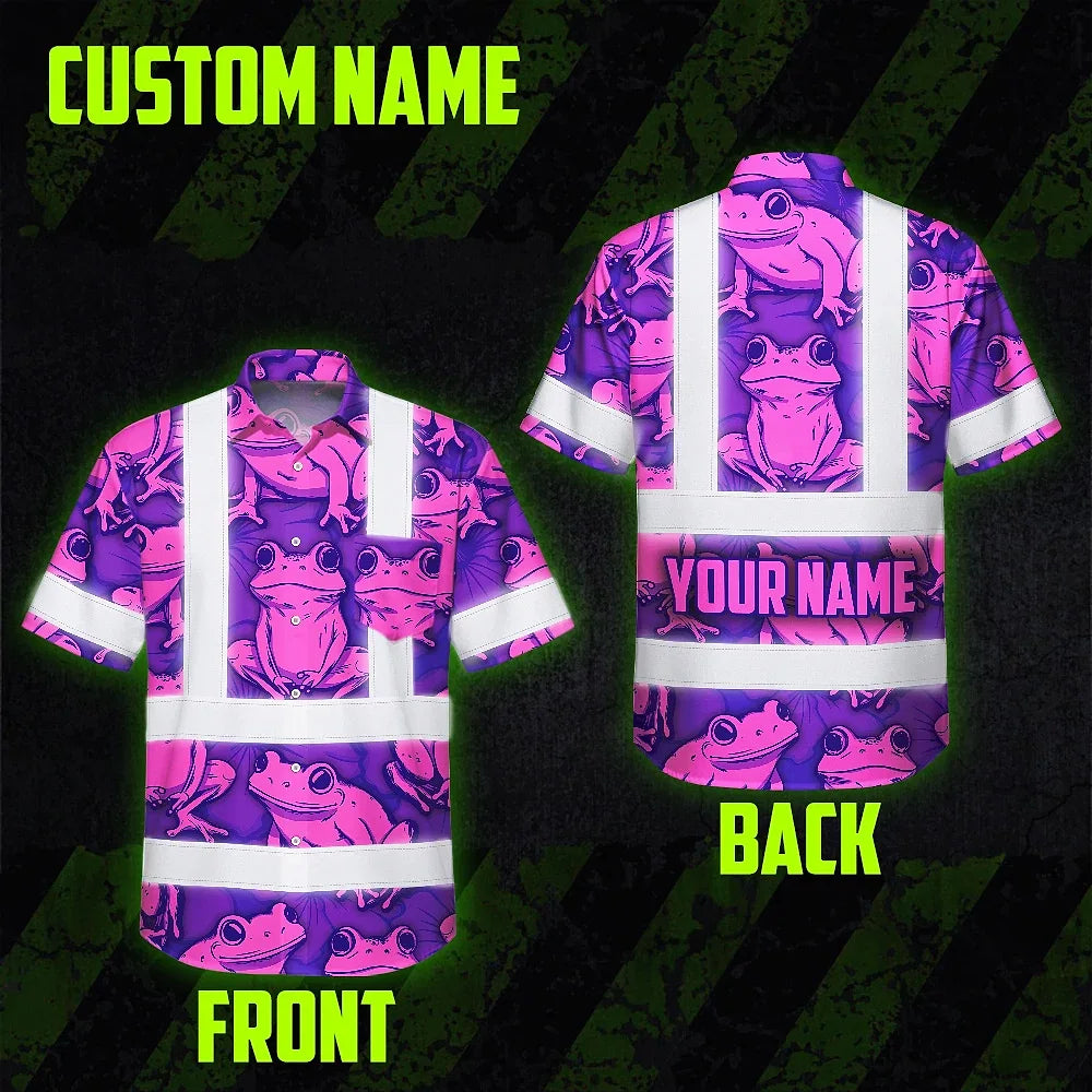 Hi Vis Hawaiian Shirt Reflective Tapes Pink And Violet Neon Frog Custom Name Safety Workwear For Workers, Truckers, Operators