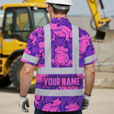 Hi Vis Hawaiian Shirt Reflective Tapes Pink And Violet Neon Frog Custom Name Safety Workwear For Workers, Truckers, Operators