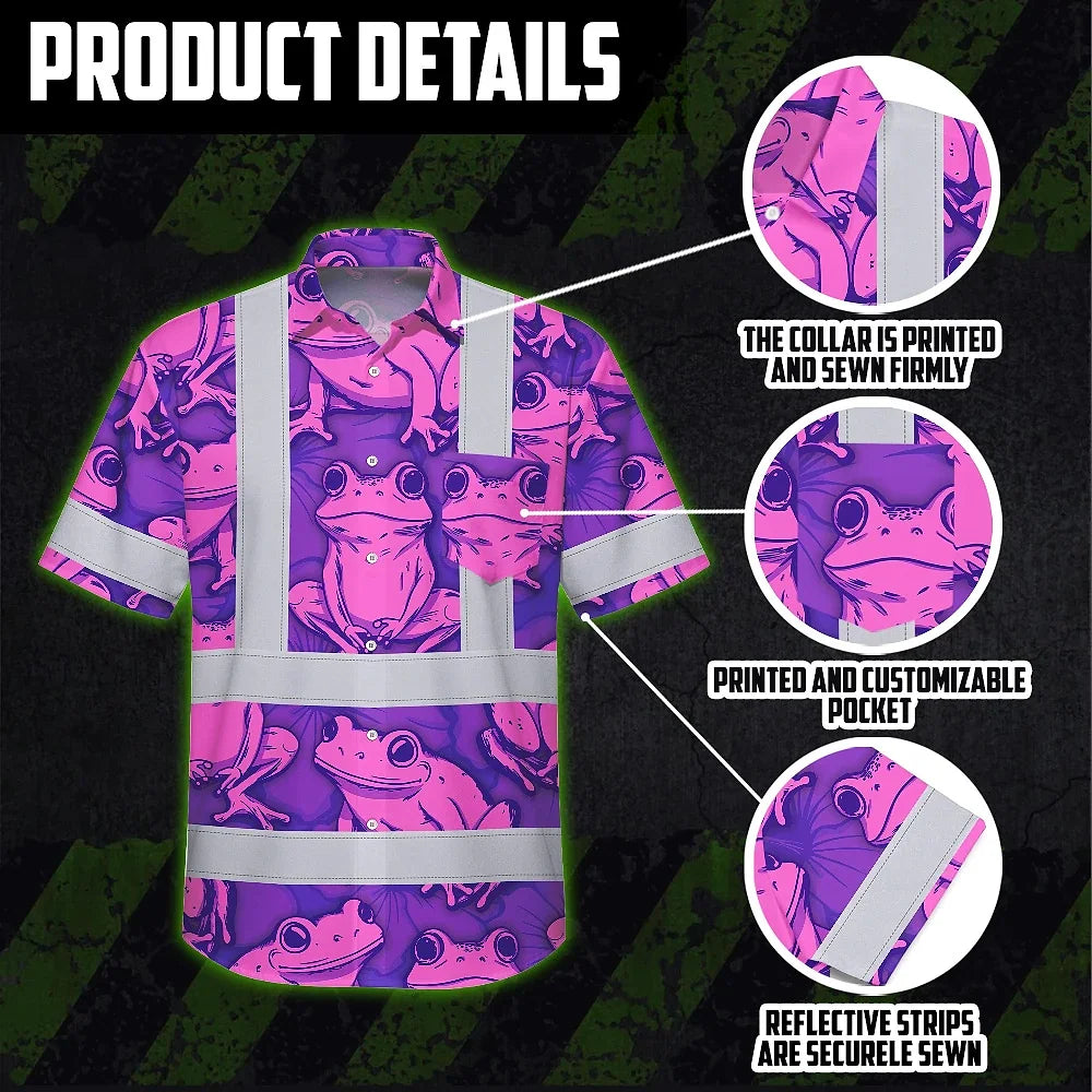 Hi Vis Hawaiian Shirt Reflective Tapes Pink And Violet Neon Frog Custom Name Safety Workwear For Workers, Truckers, Operators