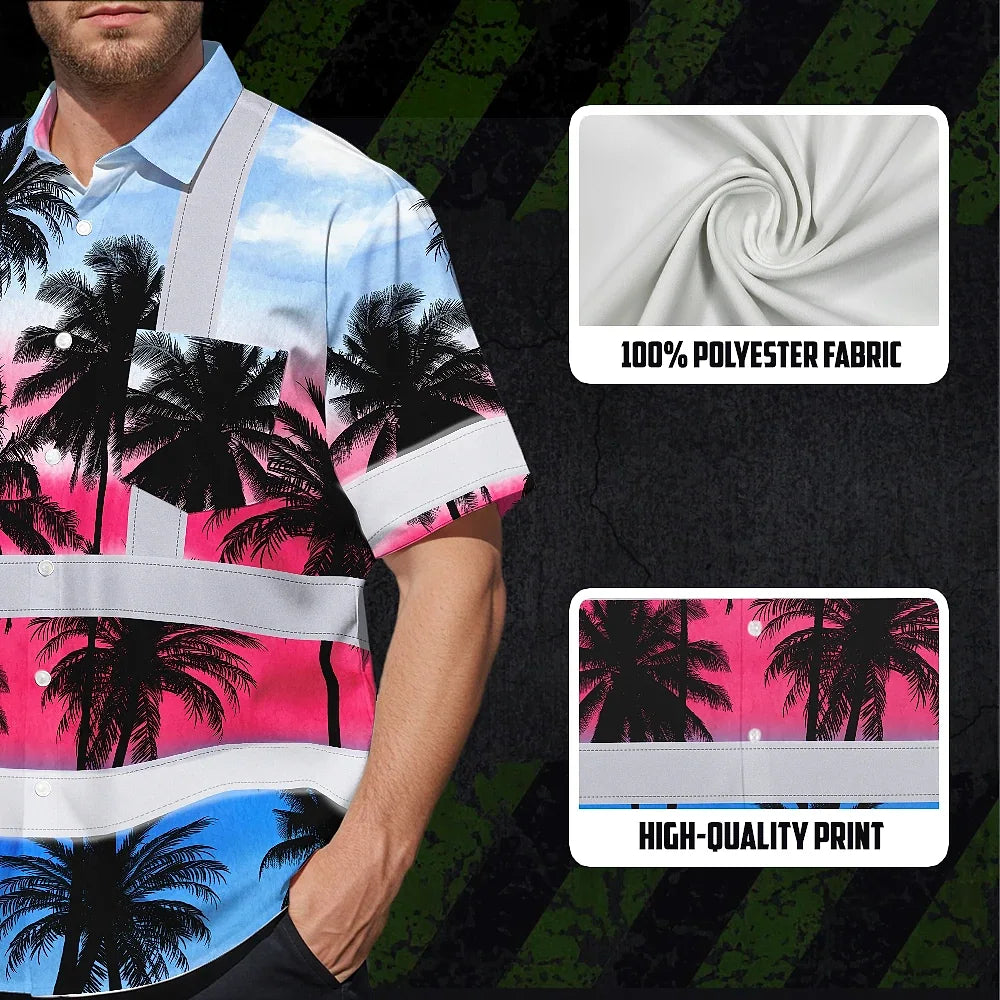 Hi Vis Hawaiian Shirt Reflective Tapes Pink Blue Coconut Tree Custom Name Safety Workwear For Workers, Truckers, Operators