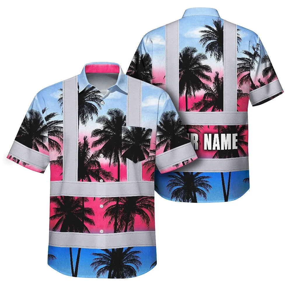 Hi Vis Hawaiian Shirt Reflective Tapes Pink Blue Coconut Tree Custom Name Safety Workwear For Workers, Truckers, Operators