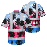 Hi Vis Hawaiian Shirt Reflective Tapes Pink Blue Coconut Tree Custom Name Safety Workwear For Workers, Truckers, Operators
