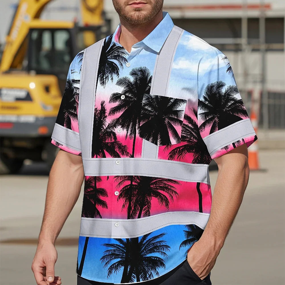 Hi Vis Hawaiian Shirt Reflective Tapes Pink Blue Coconut Tree Custom Name Safety Workwear For Workers, Truckers, Operators