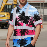 Hi Vis Hawaiian Shirt Reflective Tapes Pink Blue Coconut Tree Custom Name Safety Workwear For Workers, Truckers, Operators