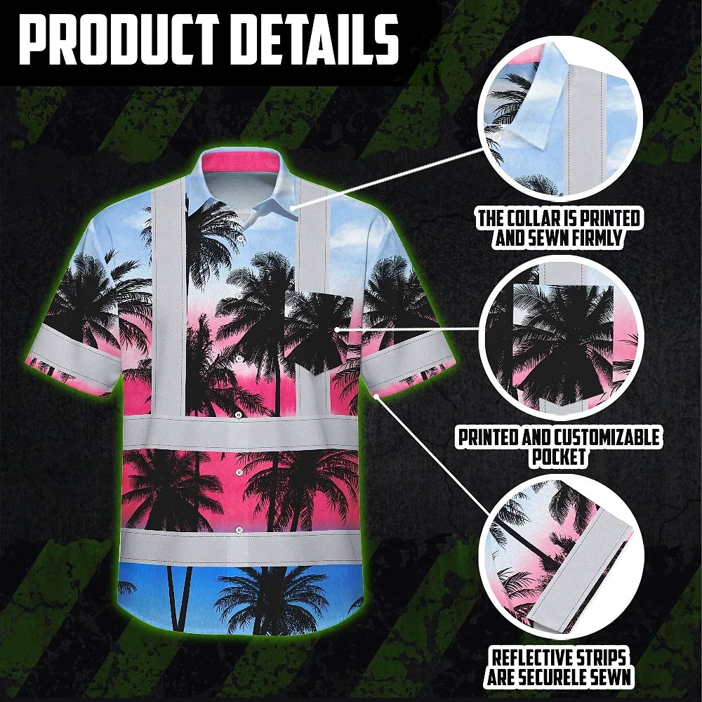 Hi Vis Hawaiian Shirt Reflective Tapes Pink Blue Coconut Tree Custom Name Safety Workwear For Workers, Truckers, Operators