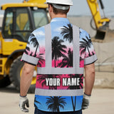 Hi Vis Hawaiian Shirt Reflective Tapes Pink Blue Coconut Tree Custom Name Safety Workwear For Workers, Truckers, Operators