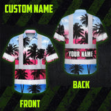 Hi Vis Hawaiian Shirt Reflective Tapes Pink Blue Coconut Tree Custom Name Safety Workwear For Workers, Truckers, Operators