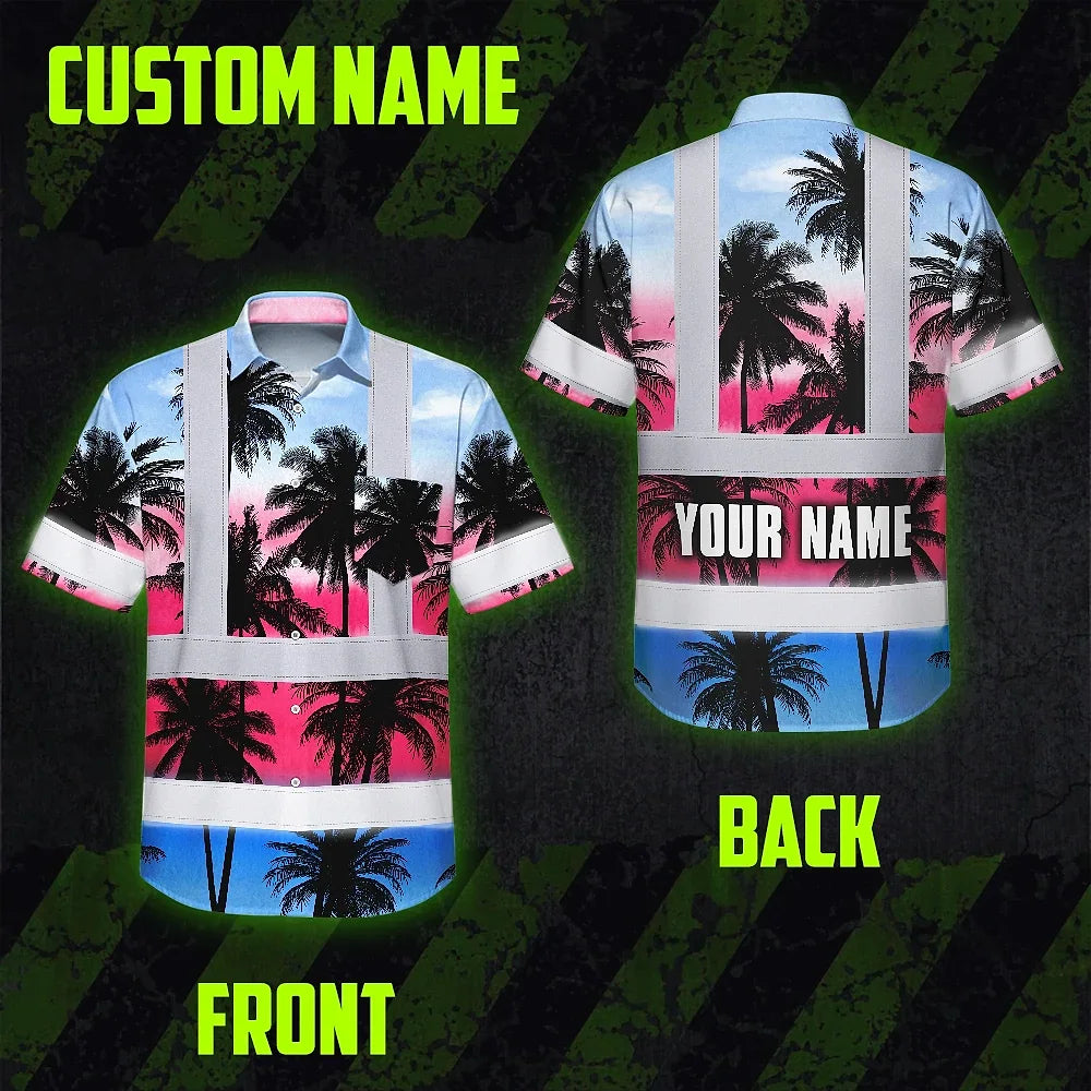 Hi Vis Hawaiian Shirt Reflective Tapes Pink Blue Coconut Tree Custom Name Safety Workwear For Workers, Truckers, Operators