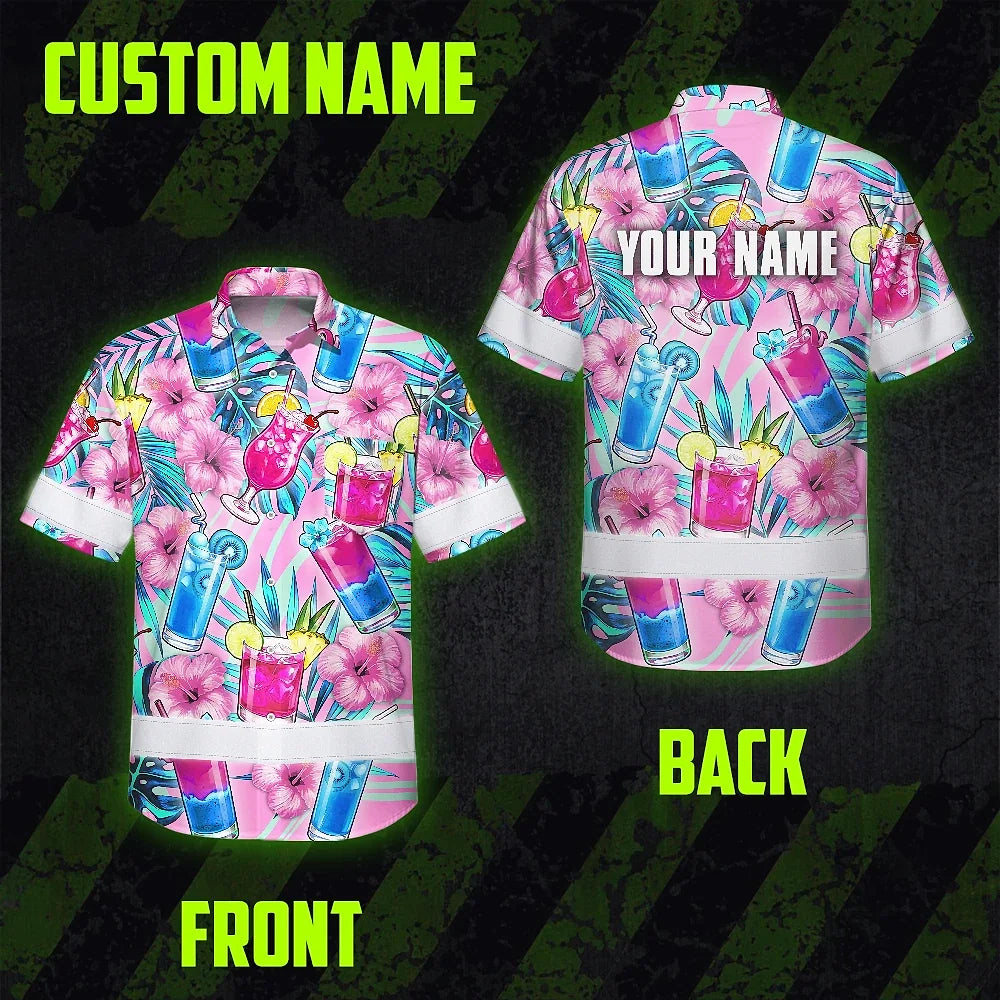 Hi Vis Hawaiian Shirt Reflective Tapes Pink Blue Flower Drink Tropical Cocktail Beer Print Custom Name Safety Workwear For Workers, Truckers, Operators