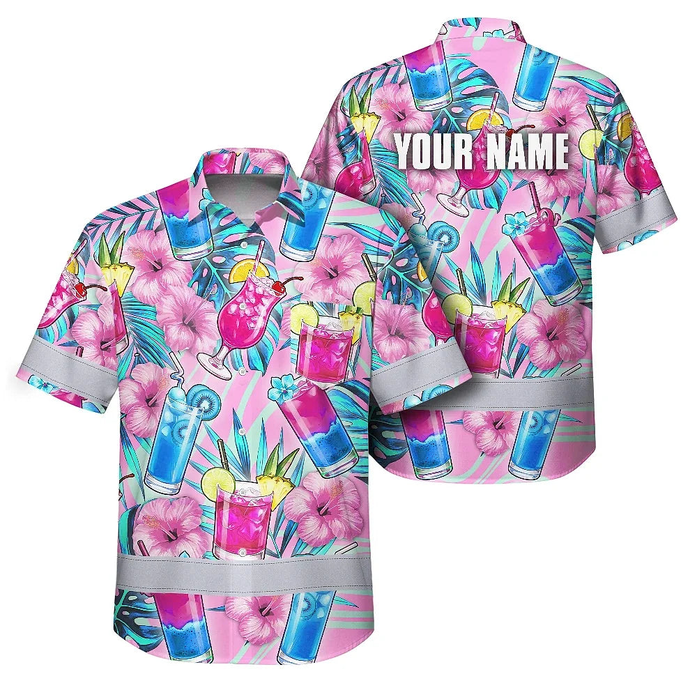 Hi Vis Hawaiian Shirt Reflective Tapes Pink Blue Flower Drink Tropical Cocktail Beer Print Custom Name Safety Workwear For Workers, Truckers, Operators