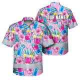 Hi Vis Hawaiian Shirt Reflective Tapes Pink Blue Flower Drink Tropical Cocktail Beer Print Custom Name Safety Workwear For Workers, Truckers, Operators