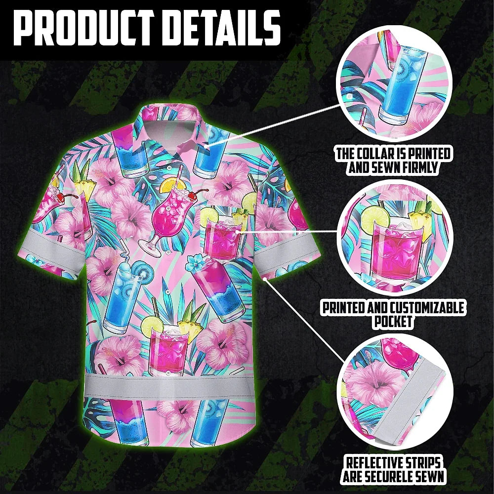Hi Vis Hawaiian Shirt Reflective Tapes Pink Blue Flower Drink Tropical Cocktail Beer Print Custom Name Safety Workwear For Workers, Truckers, Operators