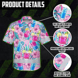 Hi Vis Hawaiian Shirt Reflective Tapes Pink Blue Flower Drink Tropical Cocktail Beer Print Custom Name Safety Workwear For Workers, Truckers, Operators