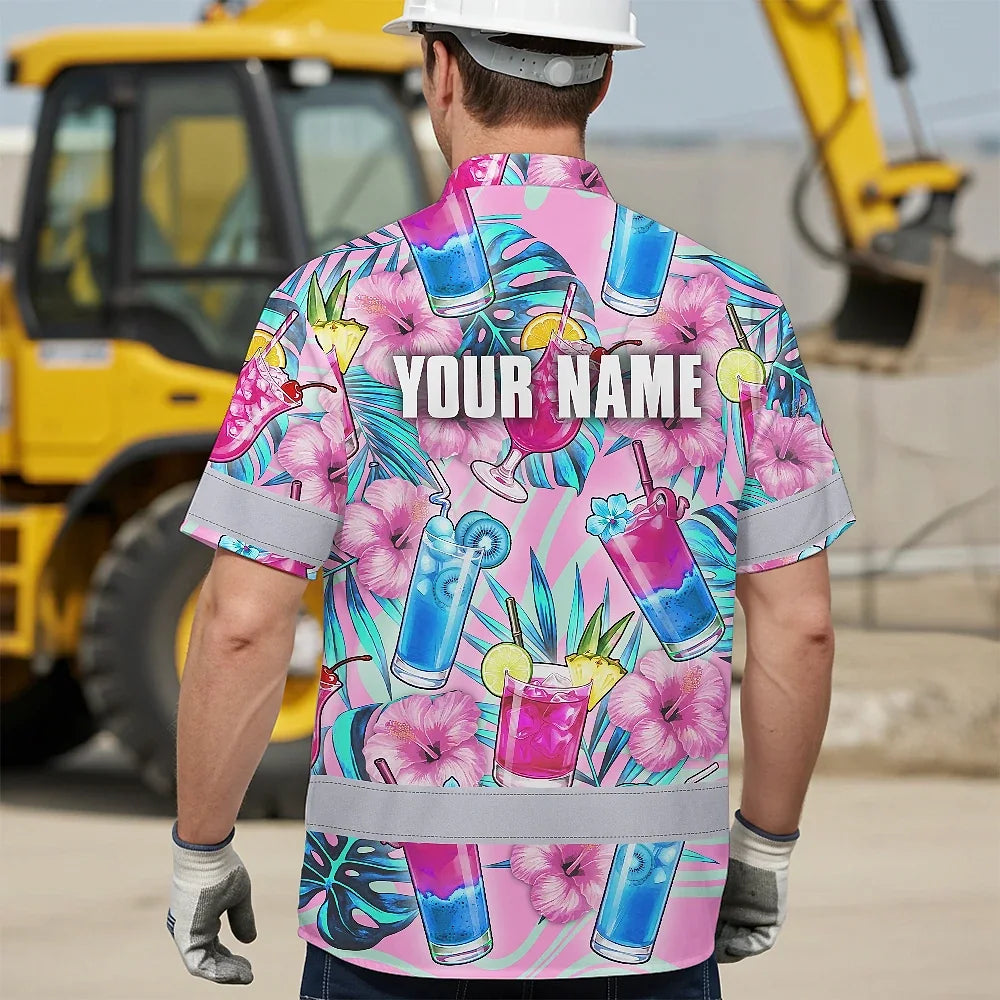 Hi Vis Hawaiian Shirt Reflective Tapes Pink Blue Flower Drink Tropical Cocktail Beer Print Custom Name Safety Workwear For Workers, Truckers, Operators