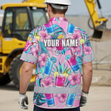 Hi Vis Hawaiian Shirt Reflective Tapes Pink Blue Flower Drink Tropical Cocktail Beer Print Custom Name Safety Workwear For Workers, Truckers, Operators