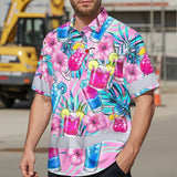 Hi Vis Hawaiian Shirt Reflective Tapes Pink Blue Flower Drink Tropical Cocktail Beer Print Custom Name Safety Workwear For Workers, Truckers, Operators