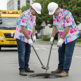 Hi Vis Hawaiian Shirt Reflective Tapes Pink Blue Flower Drink Tropical Cocktail Beer Print Custom Name Safety Workwear For Workers, Truckers, Operators