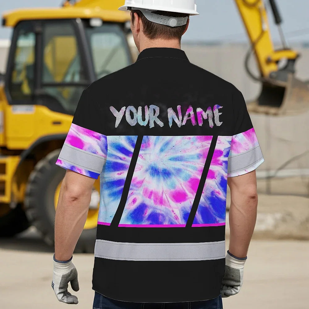 Hi Vis Hawaiian Shirt Reflective Tapes Pink Blue Tie Dye Custom Name Safety Workwear For Workers, Runners, Cyclists