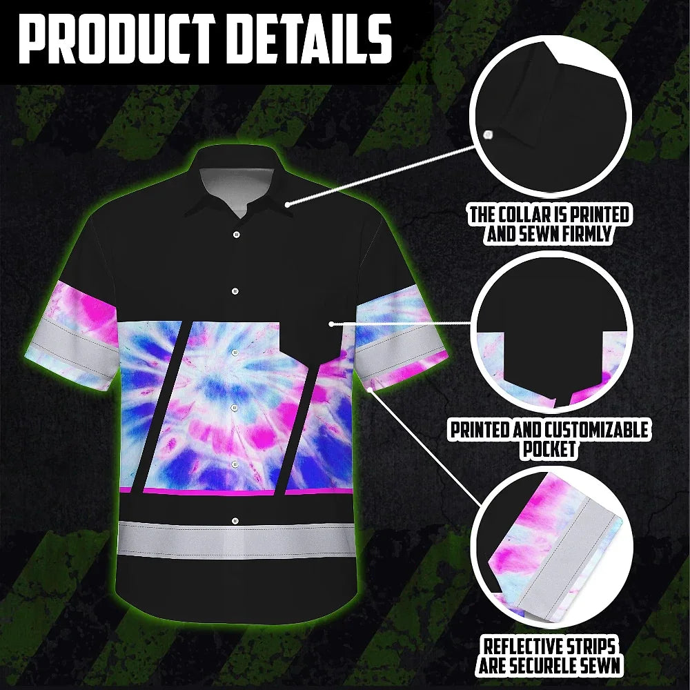 Hi Vis Hawaiian Shirt Reflective Tapes Pink Blue Tie Dye Custom Name Safety Workwear For Workers, Runners, Cyclists