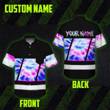Hi Vis Hawaiian Shirt Reflective Tapes Pink Blue Tie Dye Custom Name Safety Workwear For Workers, Runners, Cyclists