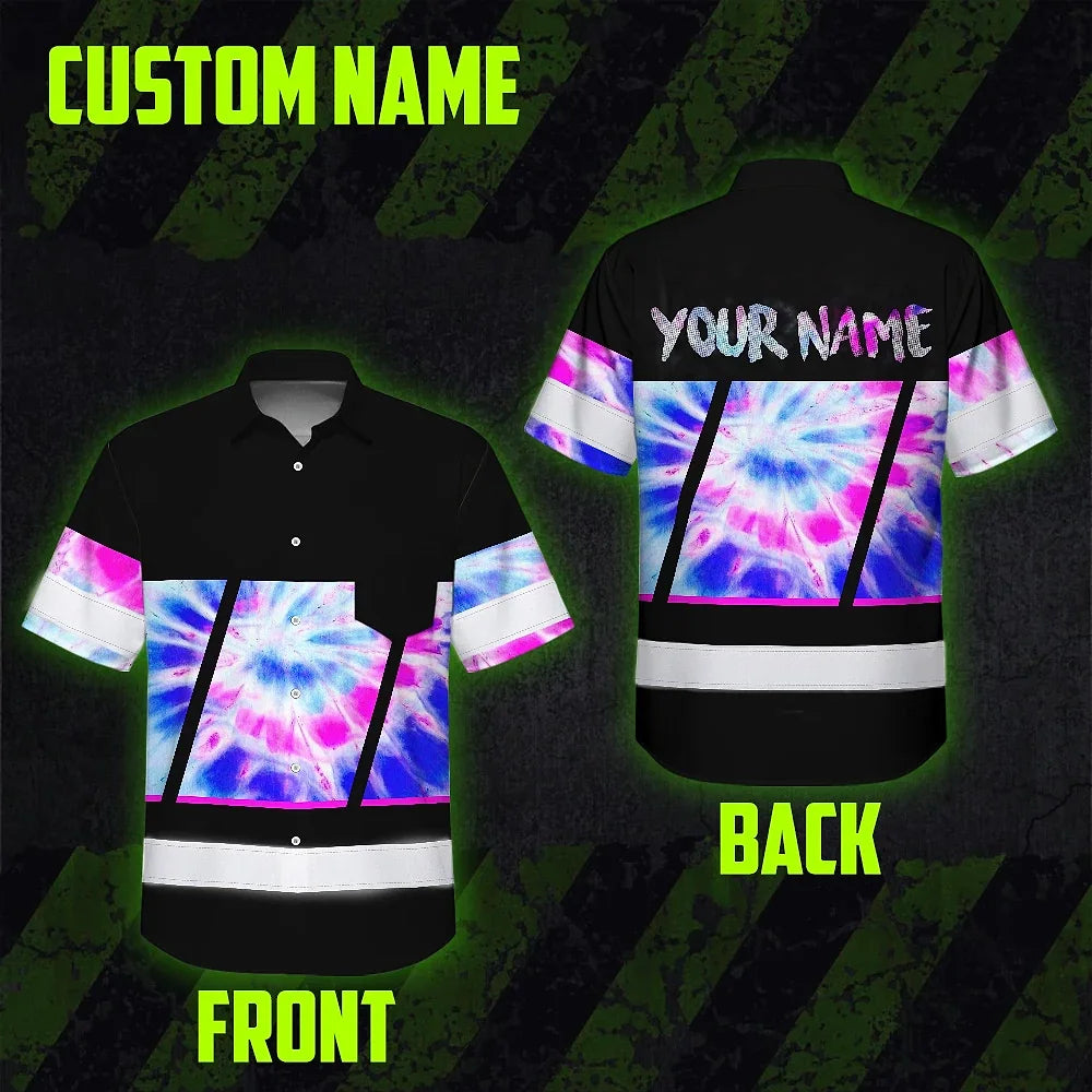 Hi Vis Hawaiian Shirt Reflective Tapes Pink Blue Tie Dye Custom Name Safety Workwear For Workers, Runners, Cyclists