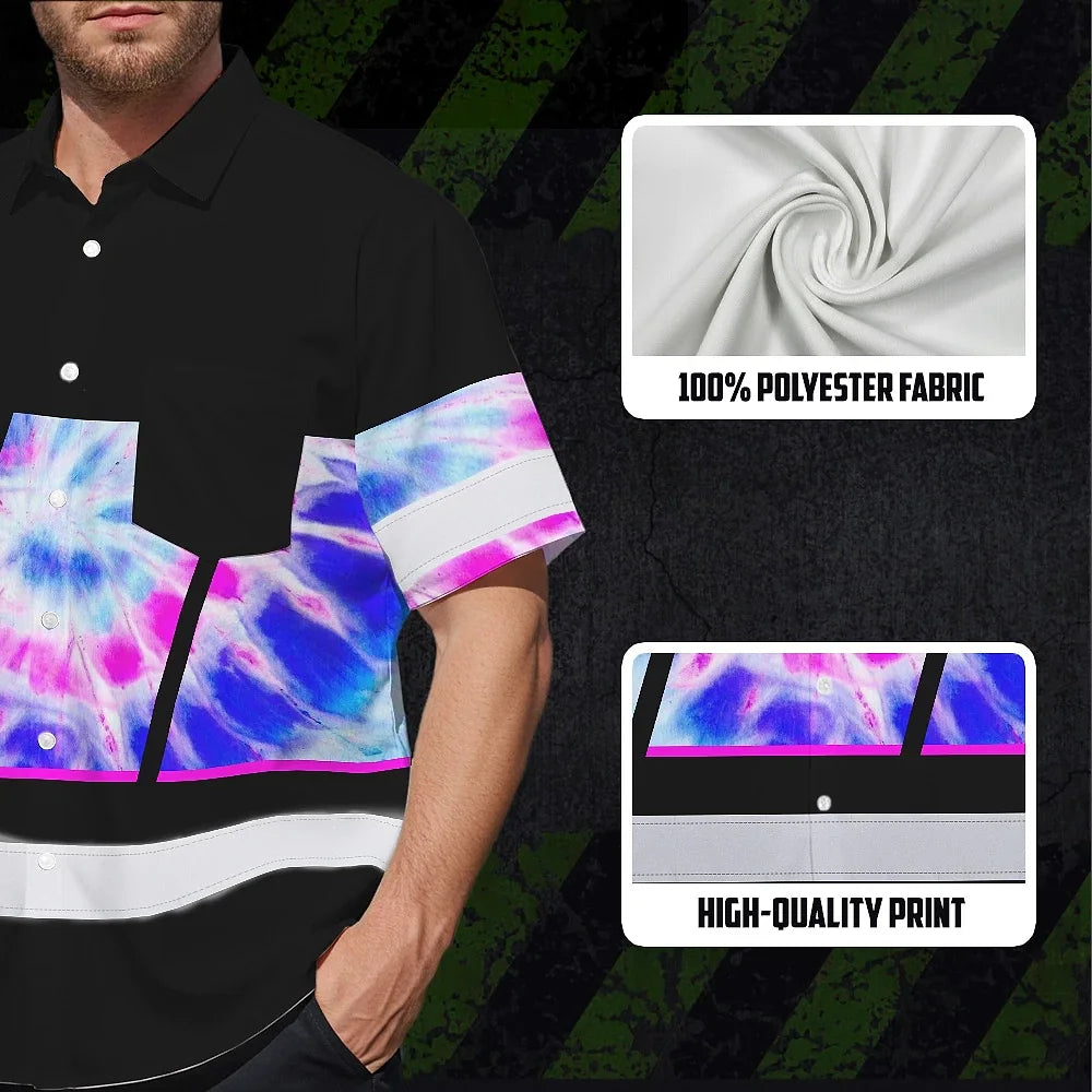 Hi Vis Hawaiian Shirt Reflective Tapes Pink Blue Tie Dye Custom Name Safety Workwear For Workers, Runners, Cyclists