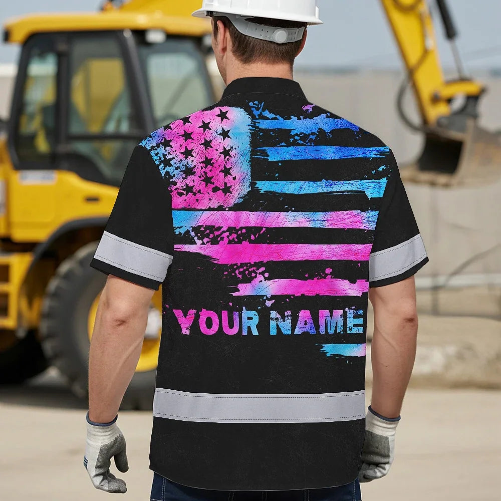 Hi Vis Hawaiian Shirt Reflective Tapes Pink Blue Tie Dye US Flag Custom Name