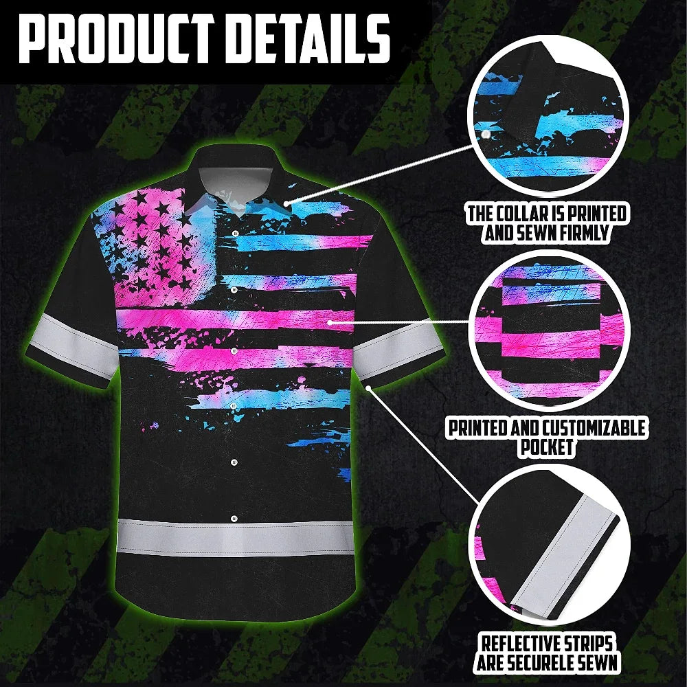 Hi Vis Hawaiian Shirt Reflective Tapes Pink Blue Tie Dye US Flag Custom Name