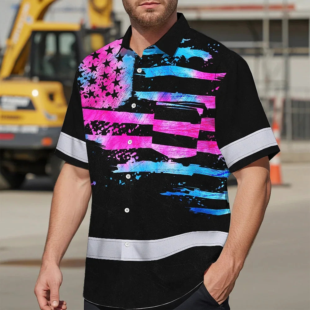 Hi Vis Hawaiian Shirt Reflective Tapes Pink Blue Tie Dye US Flag Custom Name
