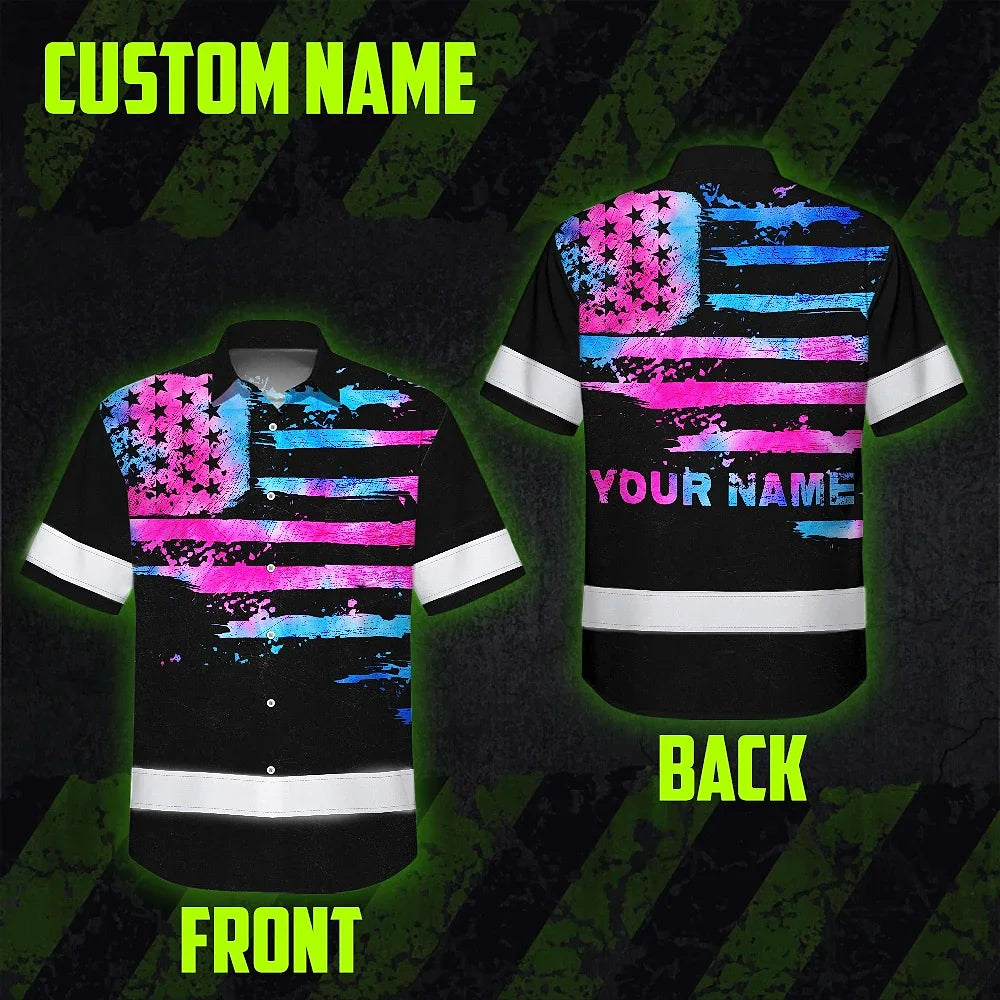 Hi Vis Hawaiian Shirt Reflective Tapes Pink Blue Tie Dye US Flag Custom Name