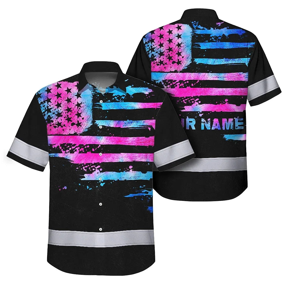 Hi Vis Hawaiian Shirt Reflective Tapes Pink Blue Tie Dye US Flag Custom Name