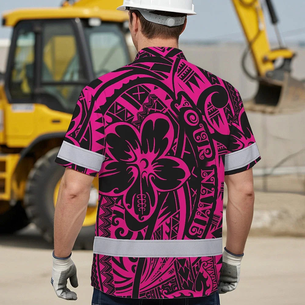 Hi Vis Hawaiian Shirt Reflective Tapes Pink Flower Hawaiian Polynesian Tribal Custom Name Safety Workwear For Workers, Runners, Cyclists