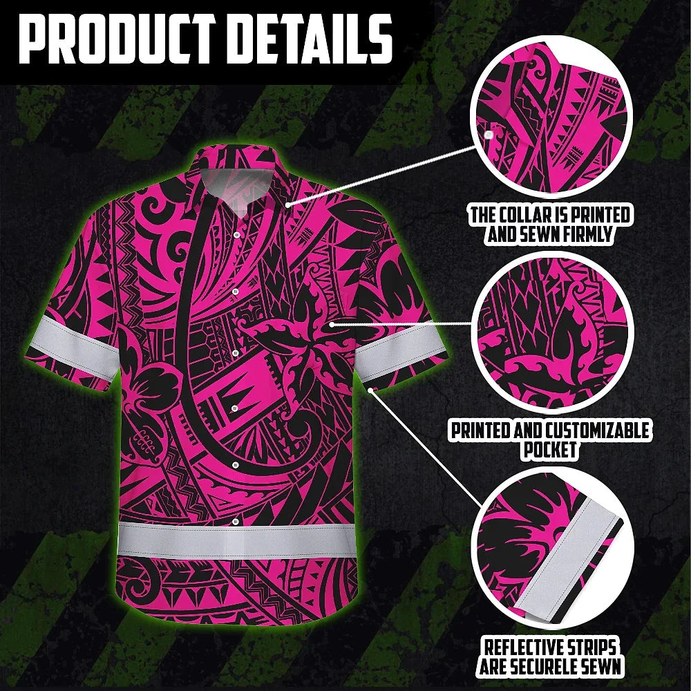 Hi Vis Hawaiian Shirt Reflective Tapes Pink Flower Hawaiian Polynesian Tribal Custom Name Safety Workwear For Workers, Runners, Cyclists