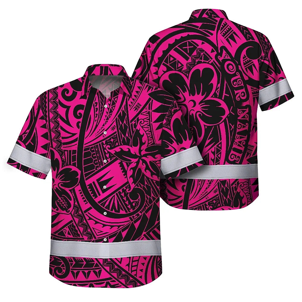 Hi Vis Hawaiian Shirt Reflective Tapes Pink Flower Hawaiian Polynesian Tribal Custom Name Safety Workwear For Workers, Runners, Cyclists