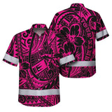 Hi Vis Hawaiian Shirt Reflective Tapes Pink Flower Hawaiian Polynesian Tribal Custom Name Safety Workwear For Workers, Runners, Cyclists
