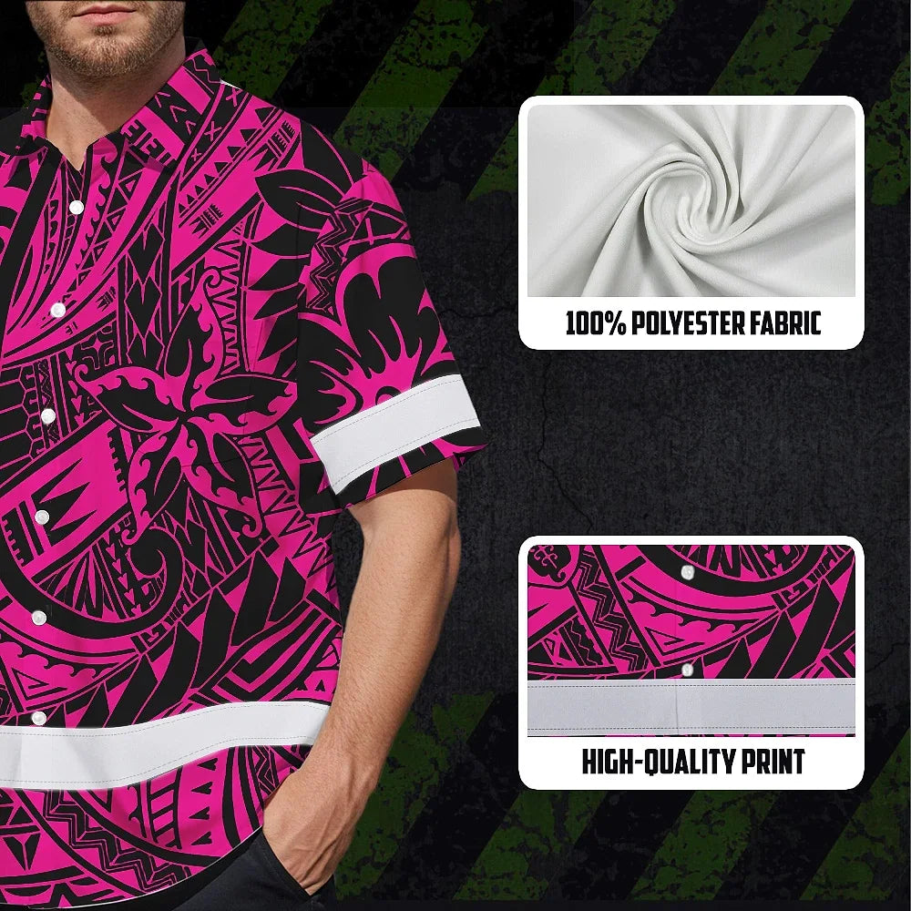 Hi Vis Hawaiian Shirt Reflective Tapes Pink Flower Hawaiian Polynesian Tribal Custom Name Safety Workwear For Workers, Runners, Cyclists