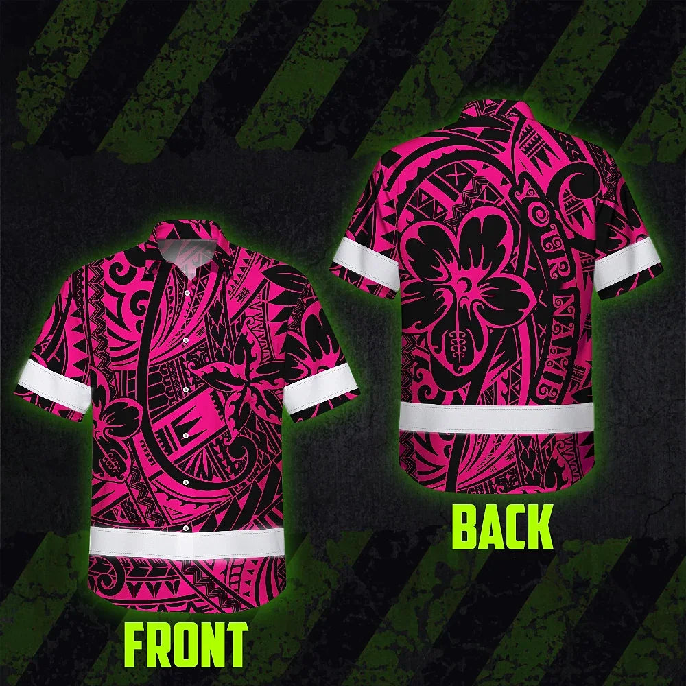 Hi Vis Hawaiian Shirt Reflective Tapes Pink Flower Hawaiian Polynesian Tribal Custom Name Safety Workwear For Workers, Runners, Cyclists