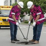 Hi Vis Hawaiian Shirt Reflective Tapes Pink Flower Hawaiian Polynesian Tribal Custom Name Safety Workwear For Workers, Runners, Cyclists