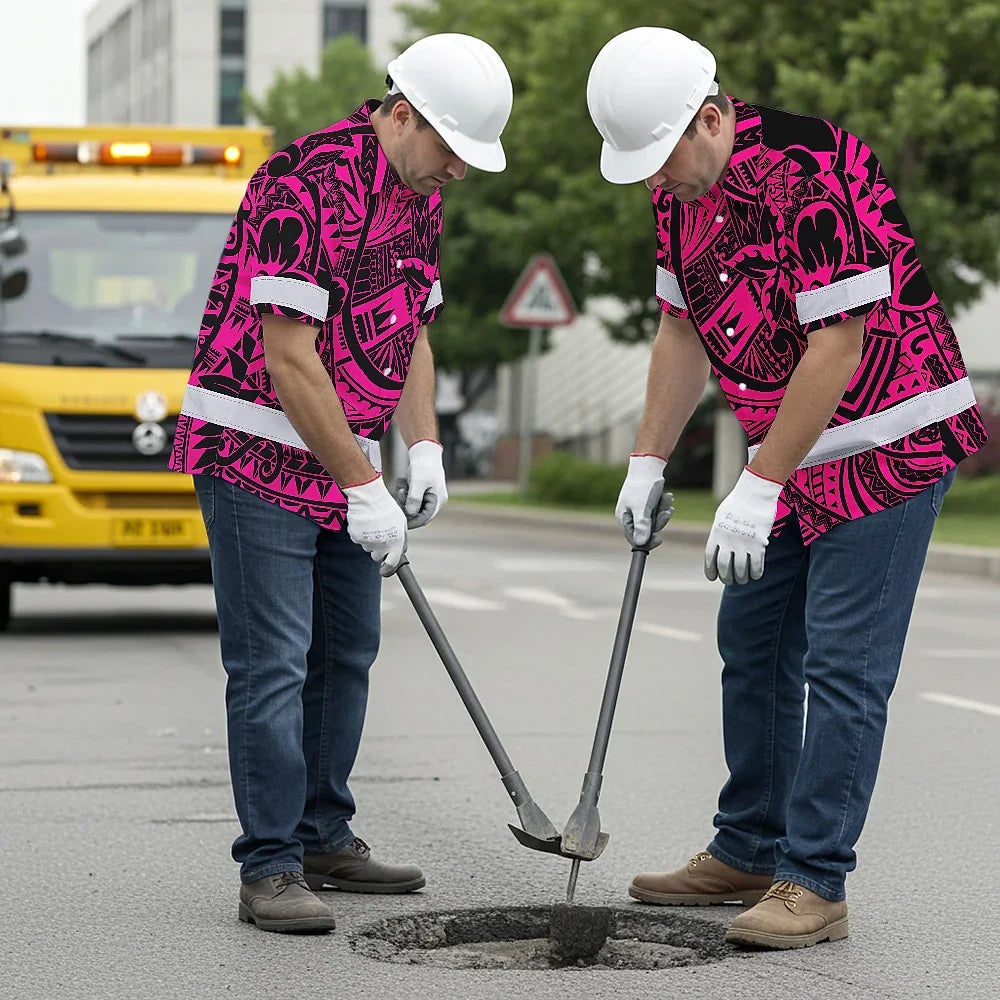 Hi Vis Hawaiian Shirt Reflective Tapes Pink Flower Hawaiian Polynesian Tribal Custom Name Safety Workwear For Workers, Runners, Cyclists