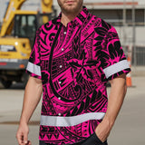 Hi Vis Hawaiian Shirt Reflective Tapes Pink Flower Hawaiian Polynesian Tribal Custom Name Safety Workwear For Workers, Runners, Cyclists