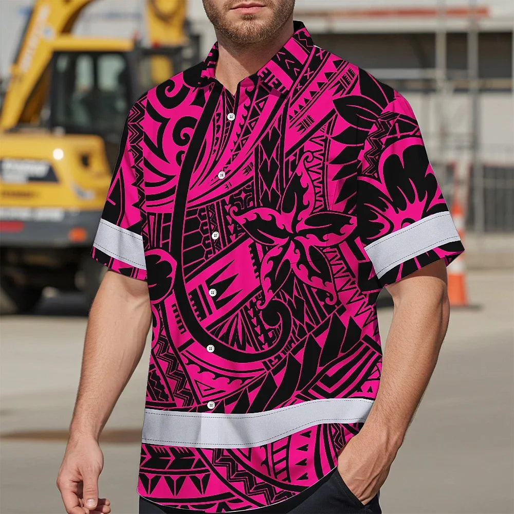 Hi Vis Hawaiian Shirt Reflective Tapes Pink Flower Hawaiian Polynesian Tribal Custom Name Safety Workwear For Workers, Runners, Cyclists
