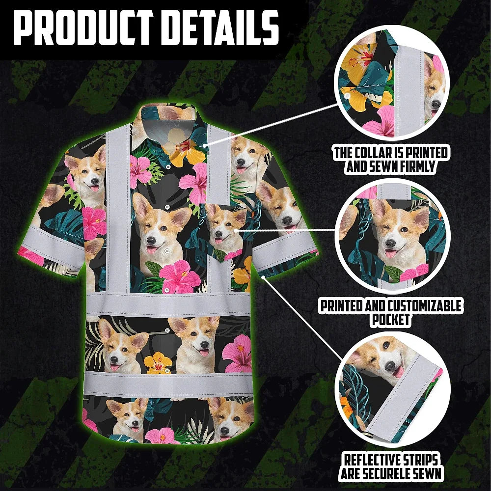 Hi Vis Hawaiian Shirt Reflective Tapes Pink Flowers Custom Name And Pet Image Safety Workwear For Workers, Truckers, Operators