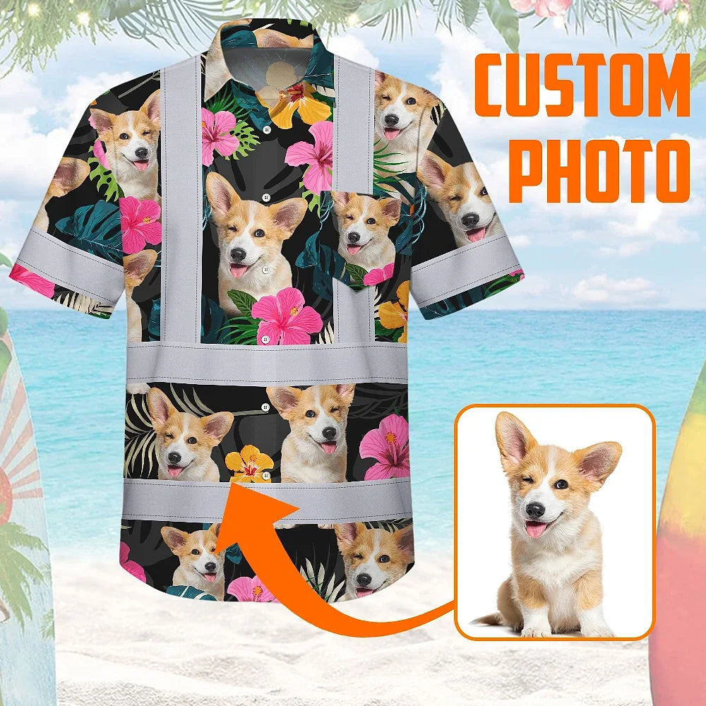 Hi Vis Hawaiian Shirt Reflective Tapes Pink Flowers Custom Name And Pet Image Safety Workwear For Workers, Truckers, Operators