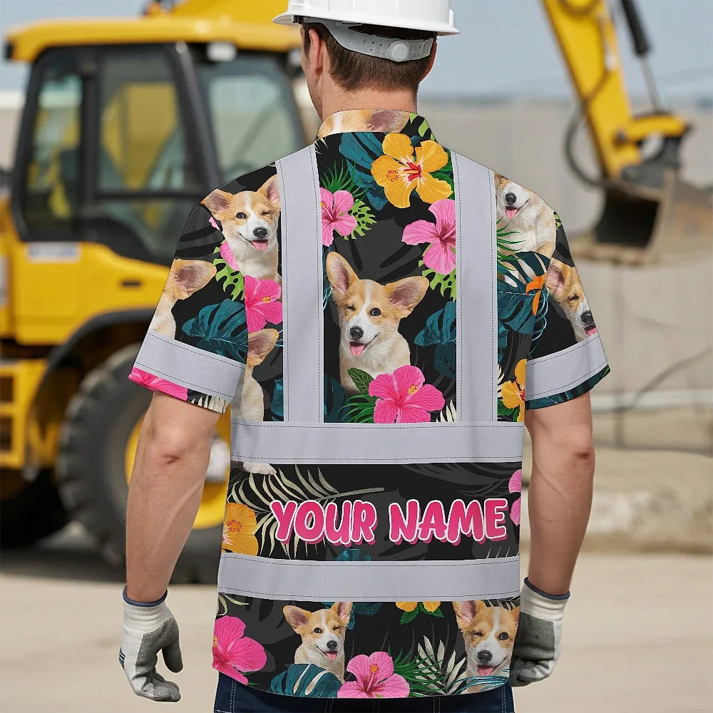 Hi Vis Hawaiian Shirt Reflective Tapes Pink Flowers Custom Name And Pet Image Safety Workwear For Workers, Truckers, Operators