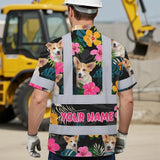Hi Vis Hawaiian Shirt Reflective Tapes Pink Flowers Custom Name And Pet Image Safety Workwear For Workers, Truckers, Operators