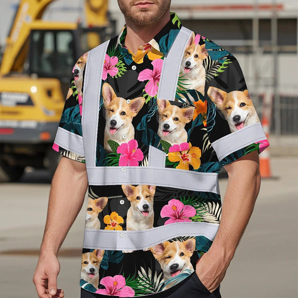 Hi Vis Hawaiian Shirt Reflective Tapes Pink Flowers Custom Name And Pet Image Safety Workwear For Workers, Truckers, Operators